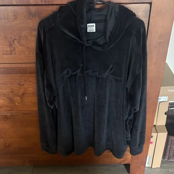 PINK Victoria's Secret Black Velour Pullover Hoodie - Picture 1 of 1